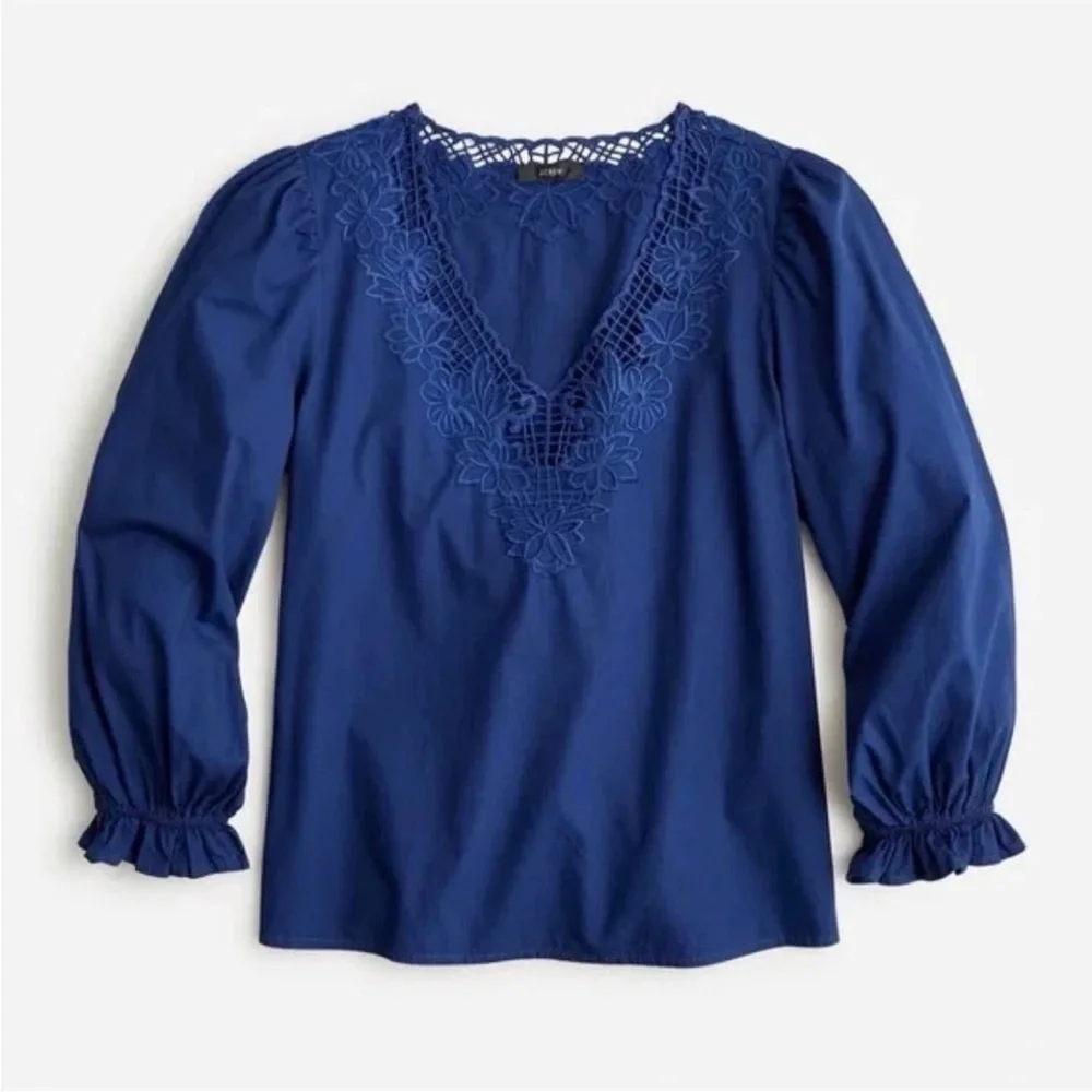 J Crew V neck top eyelet trim navy blue long sleeve cotton shirt blouse Sz L NEW